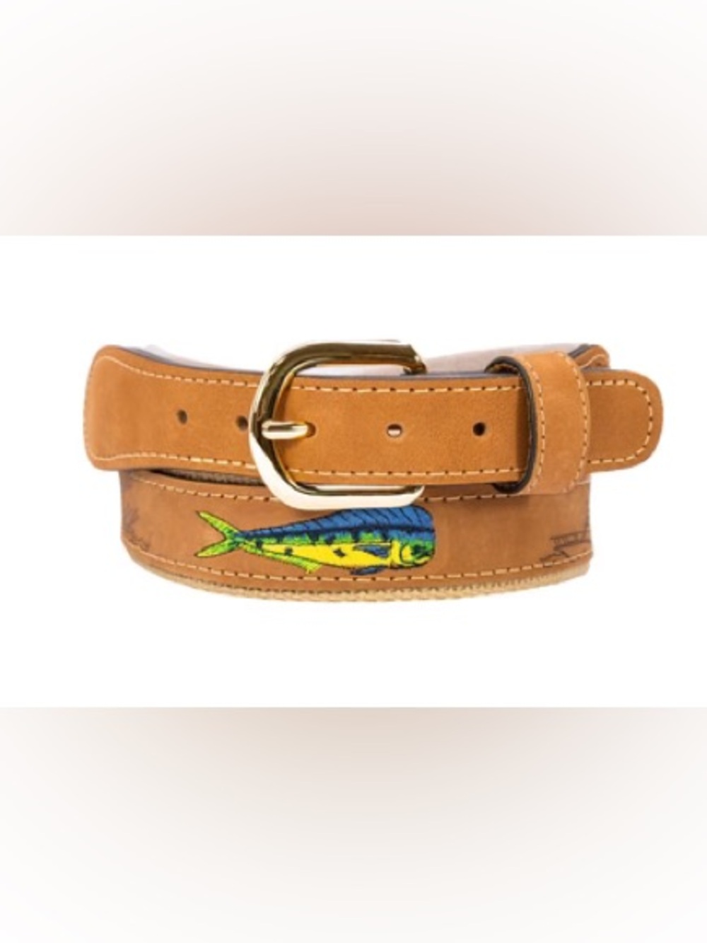 Zep-Pro Dolphin Mahi-Mahi Embroidered Nubuck Tan Leather Men’s 46 Belt USA